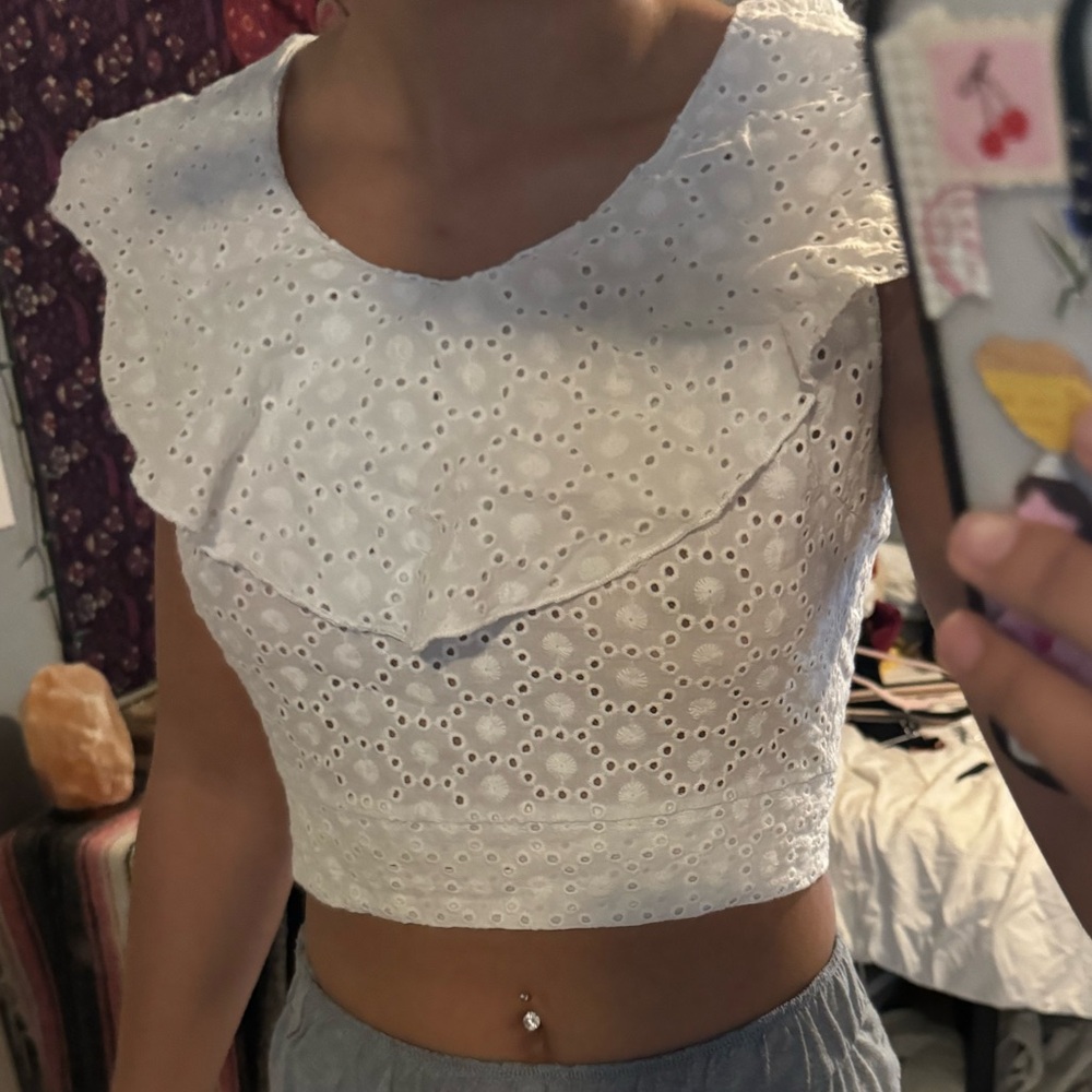 Gray Ruffled Crop Blouse with Bib Collar